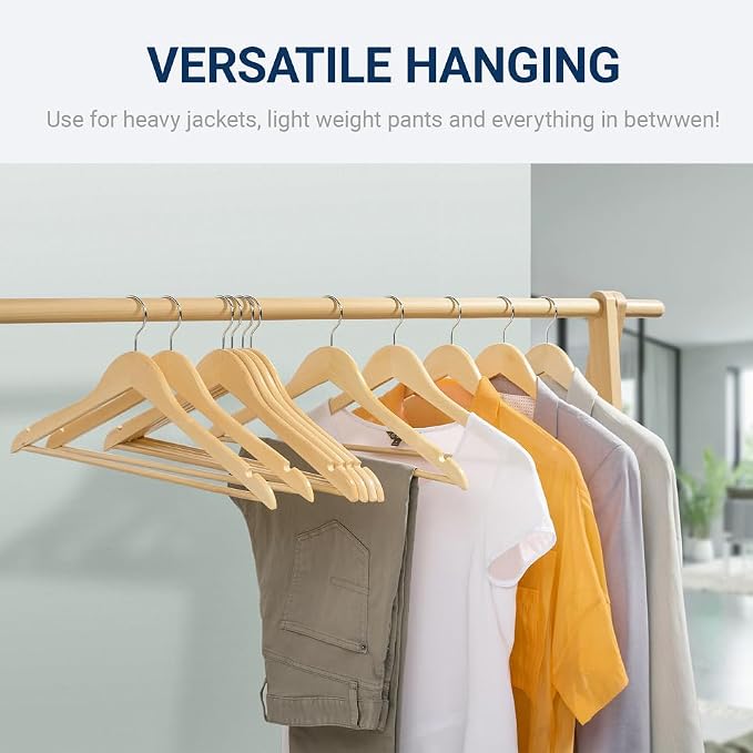 Amber Home 20 Pack Wooden Coat Hangers, Natural Wood Suit Hangers with Non-Slip Pant Bar, Clothes Hangers for Closet Organization, Shirts, Jackets, Dresses, and Pants (Natural, 20)