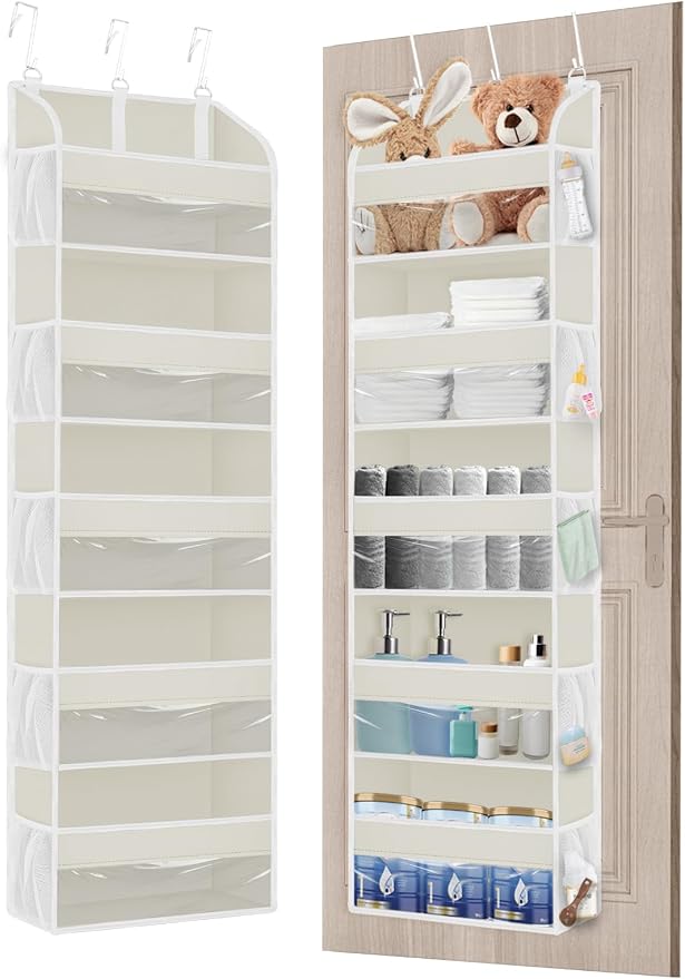 TAHAVICE 2 Pack Over the Door Storage Organizer with 5 Large Pockets | 44 lbs Weight Capacity & 10 Mesh Pockets Door Hanging Organizers and Storage for Bedroom,Bathroom,Nursery,Babyroom(Beige)