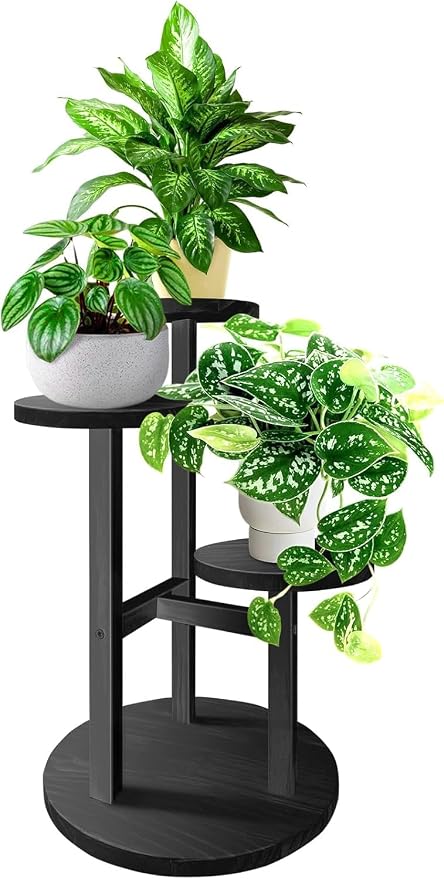 GEEBOBO 3 Tier Plant Stand Indoor, Tiered Wood Plant Stand for Indoor Plants, 21" Height Space Saving Small Corner Plant Shelf, Plant Stands for Tabletop, Balcony, Living Room (Black)
