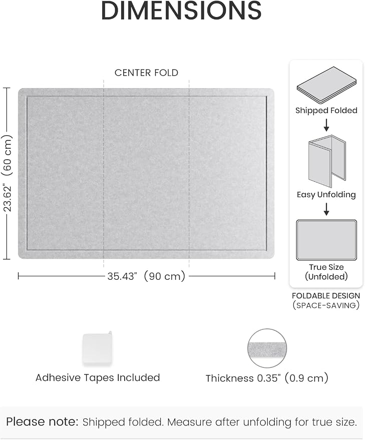Fluxynara 35.4" x 23.6" Bulletin Board, Soft Gray | Cork Board Alternative with 12 Removable Adhesive Tabs, Foldable Felt Pin Board for Home, Office, Classroom & Dorm