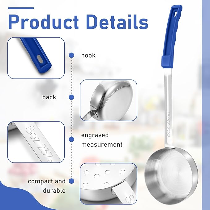 Teenyyou 2 Pcs Portion Control Serving Spoons, Restaurant Measuring Serving Ladle Utensils, Portion Spoons for Weight Loss, Kitchen(Blue,8 oz,Solid and Slotted)