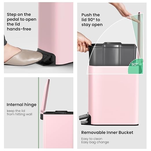 Cesun Small Bathroom Trash Can with Lid Soft Close, Step Pedal, 6 Liter / 1.6 Gallon Stainless Steel Garbage Can with Removable Inner Bucket, Anti-Fingerprint Finish (Pink)