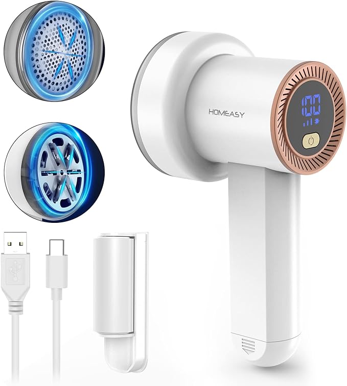 HOMEASY Fabric Shaver, Rechargeable Lint Remover for Clothes White | Electric sweater shaver and depiller with 70mm head, 6-leaf blades, LED battery display and Type-C charging for Furniture