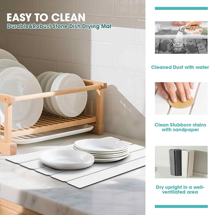 Dish Drying Mat Stone Bath Mat Diatomaceous Earth Stone Drying Mat For Kitchen Counter Sink Bath Mat Quick Dry Non Slip Foldable Dish Drying Rack Mat Small(16"×12" White)