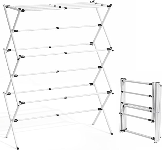 Oversized Clothes Drying Rack, 45.28" H × 14.57" D | Foldable & Extendable, Adjustable Size (24.76"-35.51"L), Space-Saving, Rust-Resistant Frame, Indoor/Outdoor Use, White