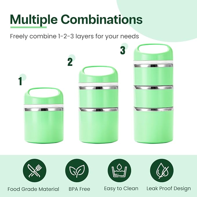 Lille Home Stackable Stainless Steel Thermal Compartment Lunch/Snack Box, 3-Tier Insulated Bento/Food Container with Lunch Bag and Three Extra Seals, 43OZ (Green)