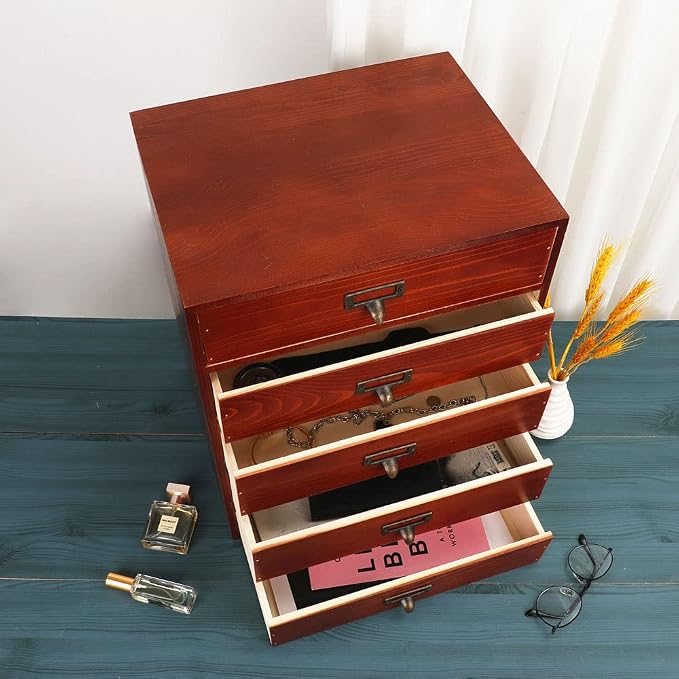 GoooodGIFT Wooden Drawers Large Wooden Box with Drawer, Brown | 5 Drawer Wood Storage Box , Vintage Desktop Organizer with Drawers, Desk Organizers for Library Card Catalog Cabinet