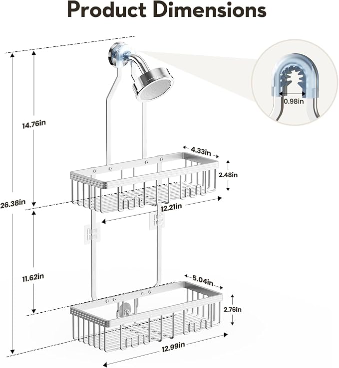 Shower Caddy Hanging, Never Rust Shower Organizer Hanging, Aluminum Shower Racks for Inside Shower with Hooks for Razor, Bathroom Organizers and Storage with Soap Holder, Bright Silver