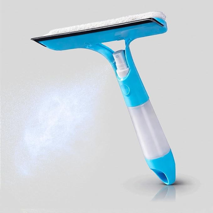 3-in-1 Window Squeegee with Spray Bottle, Handheld Glass Cleaning Tool with Microfiber Scrubber and Silicone Blade, Refillable Window Cleaner for Mirrors, Shower Doors, Tiles & Car Windows (Blue)