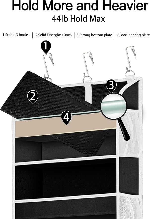 TAHAVICE 2 Pack Over the Door Storage Organizer, 5 Large & 10 Mesh Pockets | Hanging Storage Organizer with 40lb Capacity and Door Storage Space Saving for Bedroom,Bathroom,Nursery,Babyroom(Black)