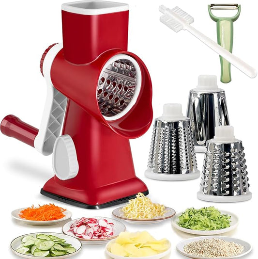 Rotary Cheese Grater Shredder with Handle Handheld Round Mandoline Vegetable Slicer Carrot Shredder Nut Grinder with 3 Replaceable Stainless Steel Drum Blades and Upgrade Strong Suction, Red/White