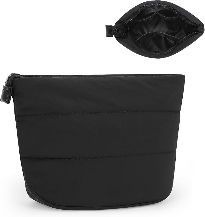 Relavel Mini Makeup Bag, Cute Toiletry Bag Organizer, Black | Smaller Cosmetic Pouch for Women, Portable Traveling Car Bag for Essentials with Compartment
