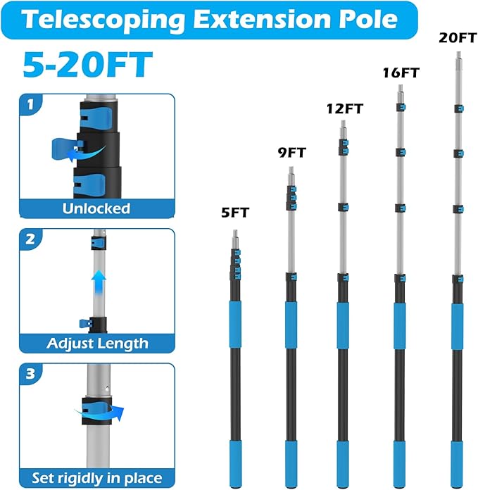 25FT Reach High Ceiling Duster Kits with 5-20FT Adjustable Pole - Includes Extra Long Duster, High Ceiling Duster, Rotatable Window Squeegee & Cobweb Duster for Ceiling Fans and Whole House Cleaning