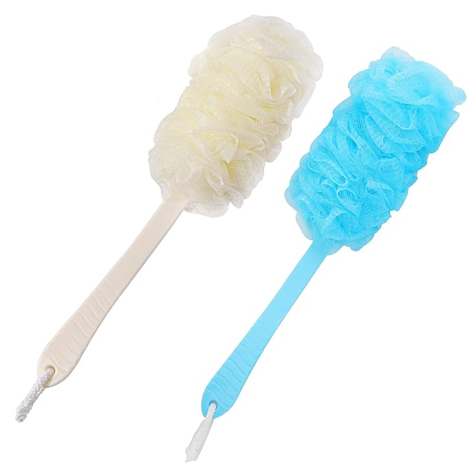 Back Scrubber Brush Long Handle for Shower, Loofah On a Stick Sponge Back Brush, Body Exfoliator Scrubber Bath Brush for Men Women, Exfoliating Cleaning Back Scrubber (2 Pack-Blue+Beige)