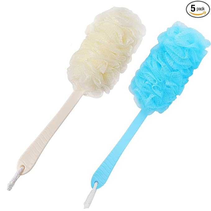 Back Scrubber Brush Long Handle for Shower, Loofah On a Stick Sponge Back Brush, Body Exfoliator Scrubber Bath Brush for Men Women, Exfoliating Cleaning Back Scrubber (2 Pack-Blue+Beige)