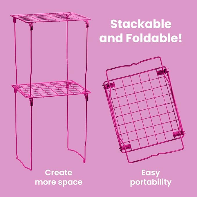 LockerMate Stac-A-Shelf Locker Organizer Shelf, Stackable, Extra Tall, Fits Standard Size School Lockers, Pink
