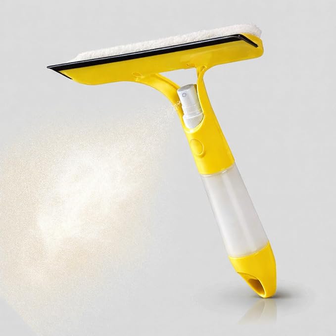 3-in-1 Window Squeegee with Spray Bottle, Handheld Glass Cleaning Tool with Microfiber Scrubber and Silicone Blade, Refillable Window Cleaner for Mirrors, Shower Doors, Tiles & Car Windows (Yellow)