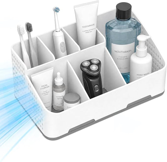 TQRR Bathroom Countertop Organizer -6 Slots Drain Tray Toothbrush Holders | Cord Hole Electric Toothbrush and Toothpaste Holder, Vents, Anti-Slip Base Vanity Storage for Bathroom Sink Accessories Grey