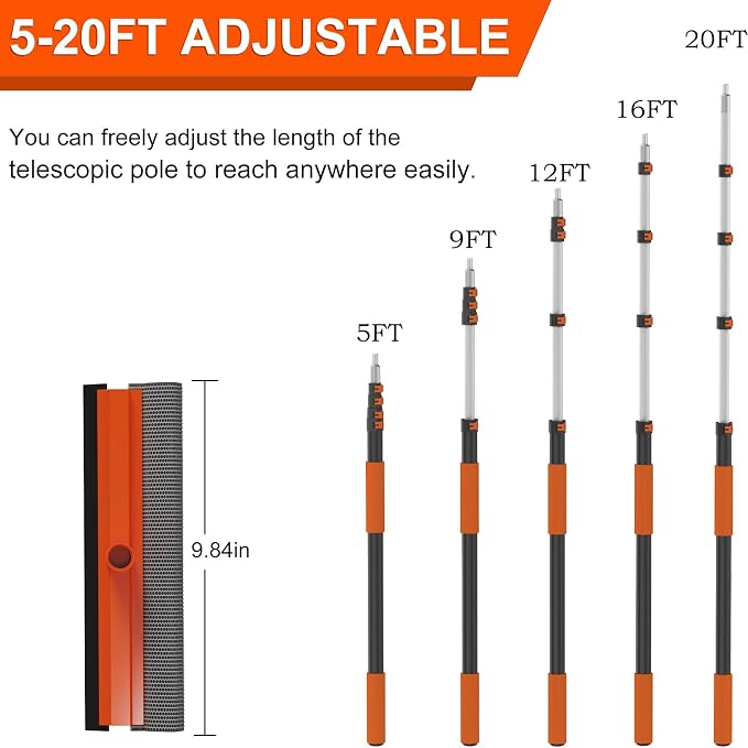 Buyplus 26Ft High Reach Squeegee for Window Cleaning Kit with 5 to 20 Foot Extension Pole, Extendable Window Cleaner Squeegee, Telescopic Window Washing Kit for Indoor/Outdoor High Window