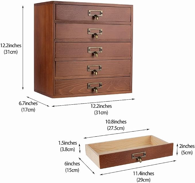 GoooodGift Wooden Drawers Small Wooden Box with Drawer, Brown | 5 Drawer Wood Storage Box , Vintage Desktop Organizer with Drawers, Desk Organizers for Library Card Catalog Cabinet