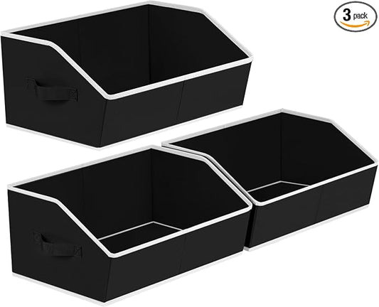 Homsorout Trapezoid Closet Shelf Organizer - Large Baskets for Organizing, Fabric Storage Cubes for Shelves, Storag Organizers Bins for Clothes, Blankets, 3 Pack, Black