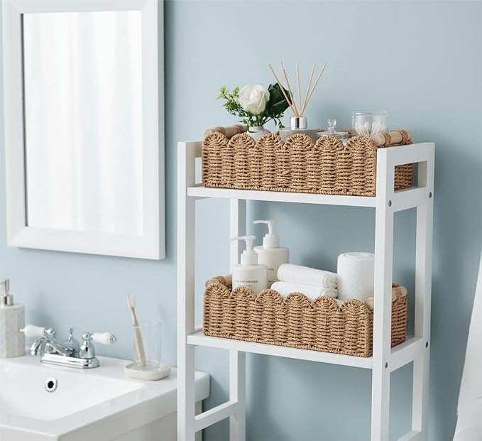 CubesLand Bathroom Basket Organizer, Toilet Tank Paper Storage Baskets 2PK | Scalloped Decorative Basket for Countertop w/Handle, Wicker Basket for Bathroom Decor, Home Decor, Living Room, Neutral