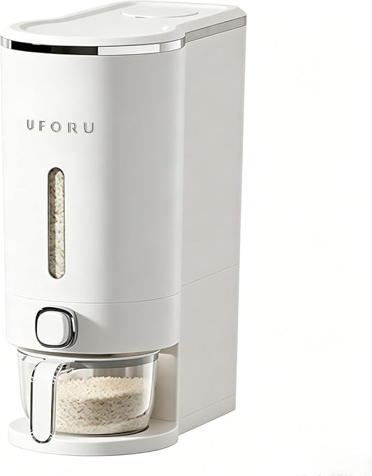 UFORU Rice Dispenser,23-25 Lb Rice Storage Container with Measuring Cup for Kitchen Pantry Household, Cereal Dry Food Storage Containers Airtight, Sealed Moisture Proof,White