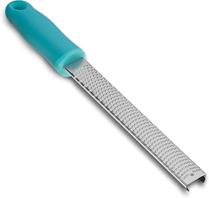 8-Inch Lemon Zester & Cheese Grater 18/8 Stainless Steel Citrus Zester for Lemon, Lime, Parmesan, Garlic & Ginger 8’’ Long Razor Sharp Blade, Ergonomic Non‑Slip Handle with Protective Cover, Blue