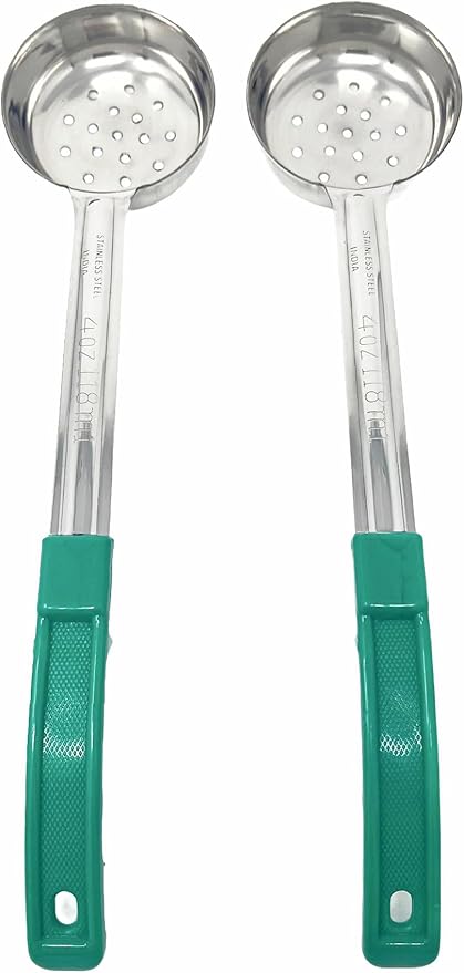 Generic 2 Pack - 4 oz. Slotted Portion Control Scoops, Spoodles - Green Handle Perforated Food Serving Spoon, Medium, Silver, MCP04EP