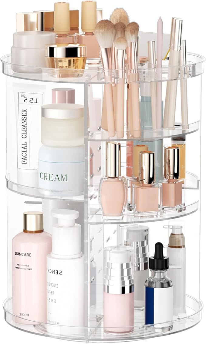Rotating Makeup Organizer, DIY 8 Adjustable Layers Spinning Skincare Organizer, Cosmetic Display Case with Brush Holder Perfume Tray, Multi-Function Storage Carousel for Vanity Bathroom Countertop