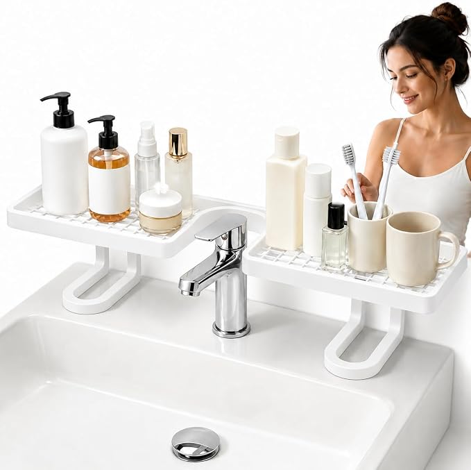 Over Sink Faucet Storage Rack, 2027 New No-Drill Free Standing Faucet Storage Shelf, Space-Saving Bathroom Countertop Organizer for Kitchen & Bathroom, Easy Drainage (White)