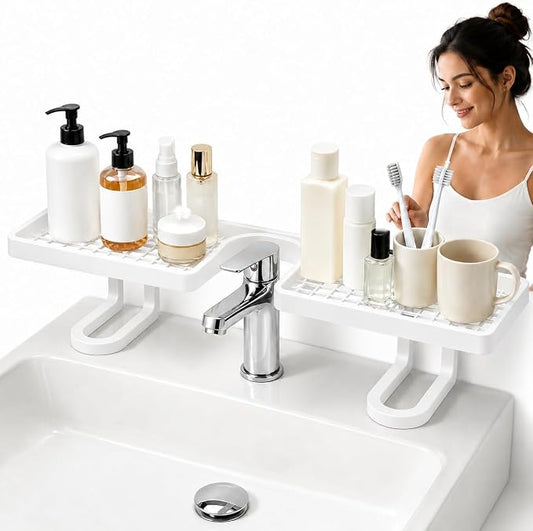 Over Sink Faucet Storage Rack, 2027 New No-Drill Free Standing Faucet Storage Shelf, Space-Saving Bathroom Countertop Organizer for Kitchen & Bathroom, Easy Drainage (White)