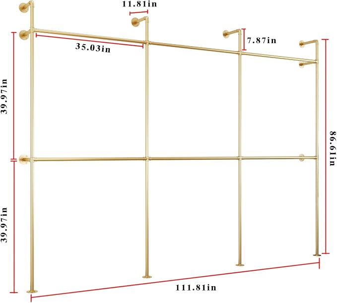 Industrial Pipe Clothing Rack, Heavy Duty Metal Clothes Rack with Double Rods for Hanging Clothes, Wall Mount Space-Saving Garment Display Rack (Three, Gold)