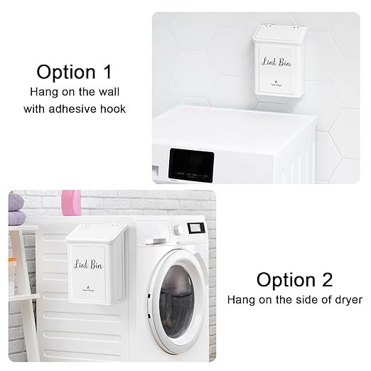 SUBEKYU Magnetic Lint Bin for Laundry Room Organization and Storage,White | Wall Mounted Metal Lint Box Holder Trash Can with Lid for Dryer,Lint Basket for Laundry Room Decor