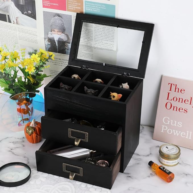Small Wooden Drawers Wooden Box with Drawer Black | 2 Drawer Storage Box for Apothecary Cabinet, Apothecary Drawers，Desktop Organizer with Metal Handles for Office，Home