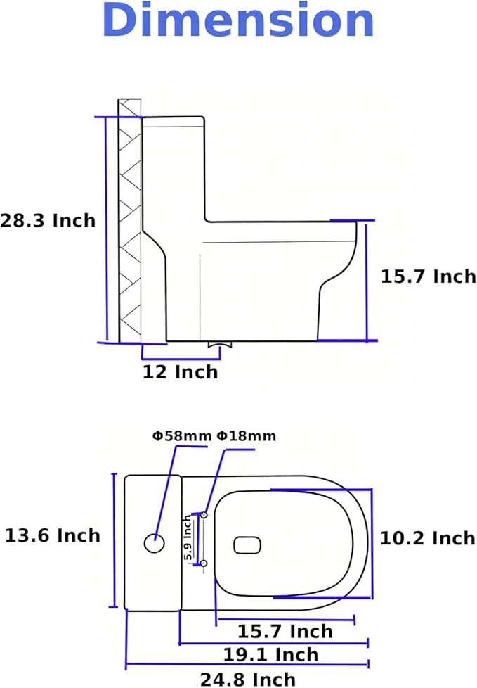 One Piece Toilet 12'' Rough Inch- White Ceramic Compact Toilets with 15.9" Soft Close Chair Seat 1.1/1.6 GPF Water Saving Dual Flush Easy to Clean Toilet Bowl 13.6''x28.3''x24.8''