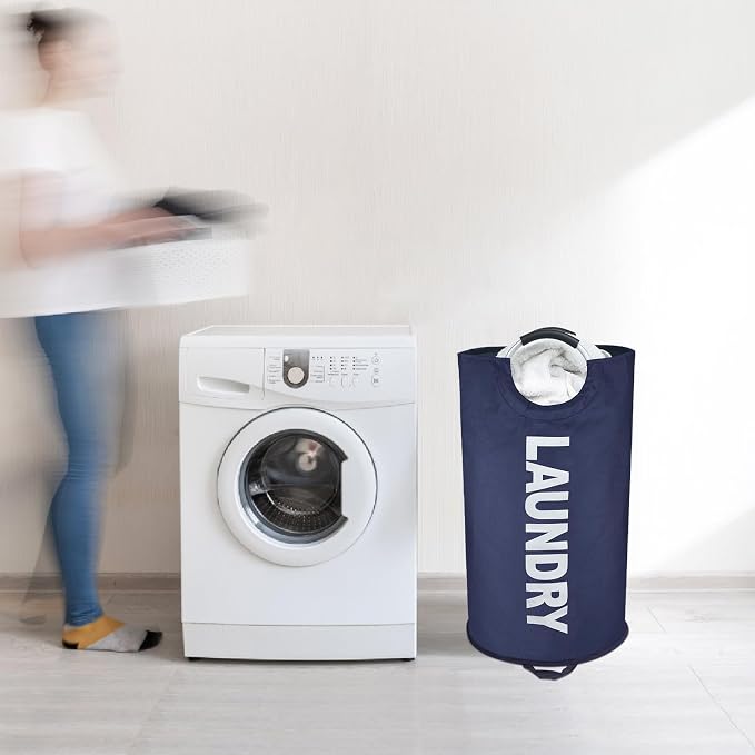 Maxsilan 90L Large Laundry Basket Bag, Collapsible Tall Hamper, Dark Blue | Freestanding tall laundry bag & foldable washing basket. Large capacity clothes storage bin with durable sturdy handles