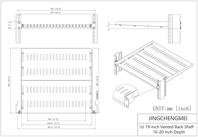 2 Pack 1U Vented Server Rack Shelf, Depth Adjustable 16-20" | Metal Universal Cantilever Rack Mount Tray for 19 Inch Networking Equipments Rack Enclosure, Black (1U16In2PCS)