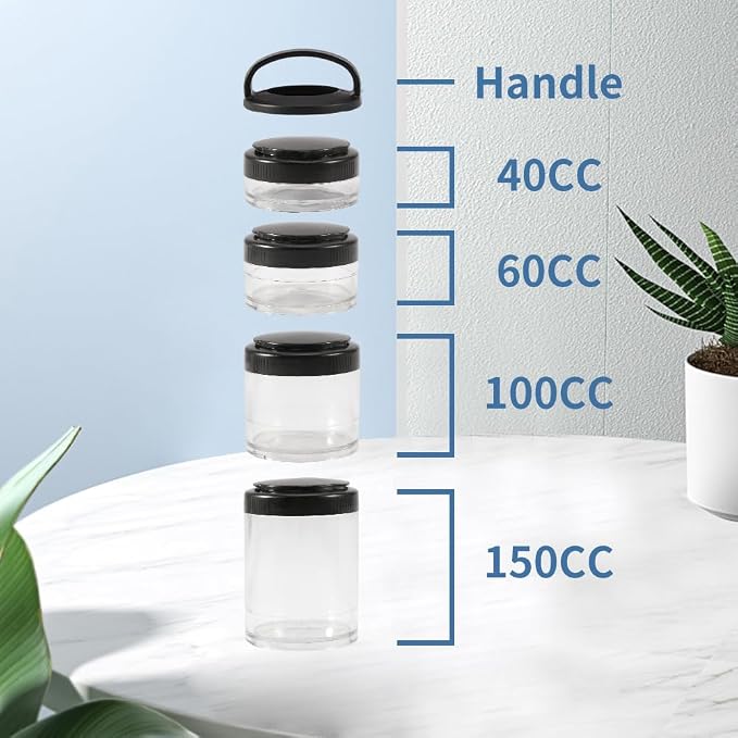 Portable Travel Stackable Snack Containers, 4 Jar - 40cc,60cc,100cc,150cc Scale Jar,Nut Box,Snack Storage Jars and Portion Control,Twist-Lock Food Storage Container with Lid(Random Color)