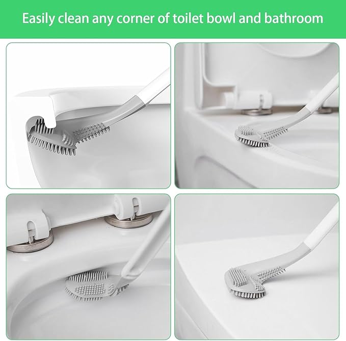 Toilet Brush, Long Handle Golf Toilet Brush with Holder 360° Deep Cleaning Flexible Silicone Toilet Cleaner Brush Wall Mounted for Bathroom (2Pcs White Brush)