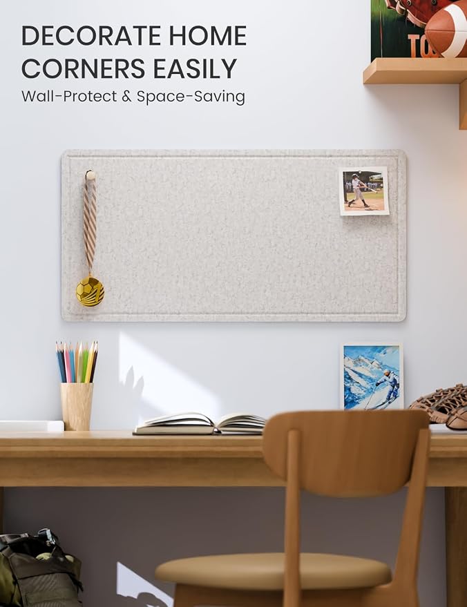 Fluxynara 35" x 17.1" Bulletin Board, Light Gray | Cork Board Alternative with 12 Removable Adhesive Tabs, Foldable Felt Pin Board for Home, Office, Classroom & Dorm