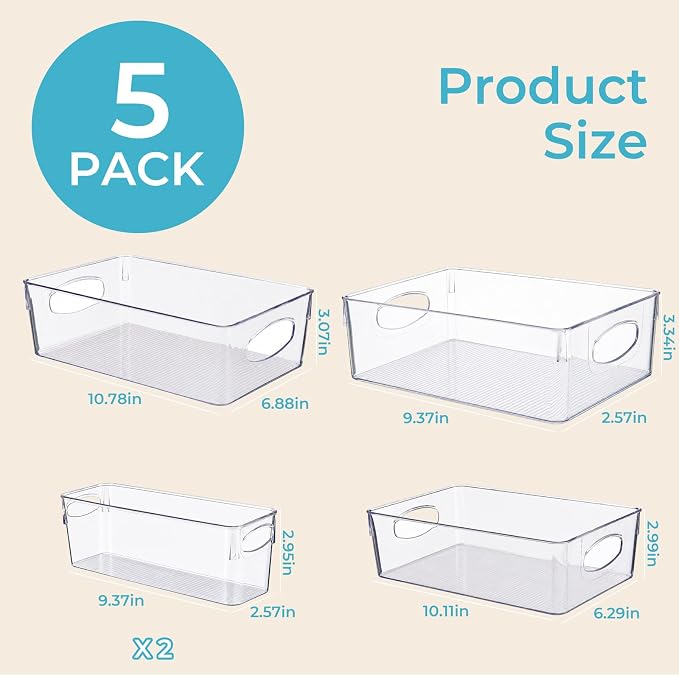 UFORU 5 Pack Clear Plastic Pantry Organizers and Storage, Stackable Storage Bins with Handles, Clear Storage Bins for Kitchen, Fridge, Freezer, Cabinet and Containers for Pantry Organization