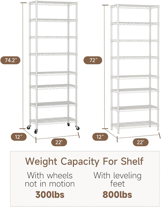 Golpart 8Tier Adjustable Storage Shelves Metal Wire Shelving Standing Shelf | Utility Heavy Duty Unit Rack Closet Organize for Home Kitchen Laundry Room Organization Pantry 12"Dx22"Wx72"H White