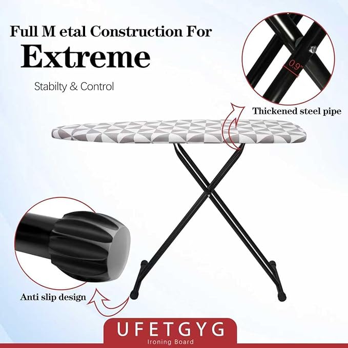 UFETGYG Ironing Board with Silicone Iron Rest pad,Extra Thick Cover,14x54 Compact and Space Saver Iron Board, Height Adjustable,Stable Structure, Easy to Fold, Gray and White