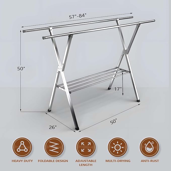 JAUREE Clothes Drying Rack 2 Tiers, Heavy Duty Drying Rack Clothing Folding Indoor Outdoor, Stainless Steel Laundry Drying Rack, Foldable Garment Rack with 20 Windproof Hooks (84 Inches)