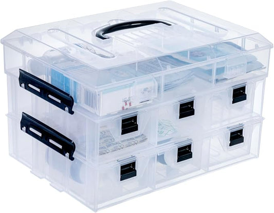 MyGift 11 Inch Clear Plastic Storage Box Container, Arts and Crafts Sewing Supplies Organizer Case with Black Accents, 24 Customizable Compartments, and 6 Drawers with Removable Dividers | Sewing Supplies Organizer Case with Black Accents, 24 Customiza...