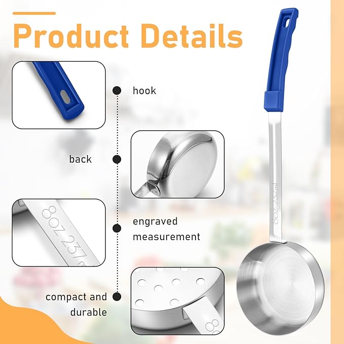 Teenyyou 8 Pcs Portion Control Serving Spoons Portion Scoops Cups Solid and Slotted Stainless Steel Ladle Spoon for Food, Serving Utensils Set for Parties(4 Colors,4 Sizes)
