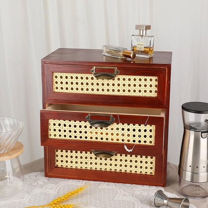 GoooodGIFT Wooden Drawers Small Wooden Box with Drawer, Brown | 3 Drawer Wood Storage Box , Vintage Desktop Organizer with Drawers, Desk Organizers for Library Card Catalog Cabinet
