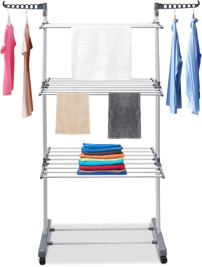 Clothes Drying Rack, 4-Tier Clothes Horses Rack Foldable Metal Laundry Garment Dryer Stand with Two Side Wings for Bedrooms, Lofts, Balconies, Patios (Gray)