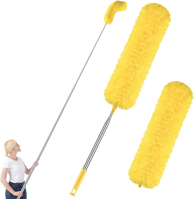 Dusters for Cleaning High Ceiling Fan, 30–100 Inch Microfiber Duster，Yellow | Flexible Microfiber & Chenille Heads Trap Dust, Long Extendable Duster for Home, Car, Cobwebs, Shelves & Tight Spaces